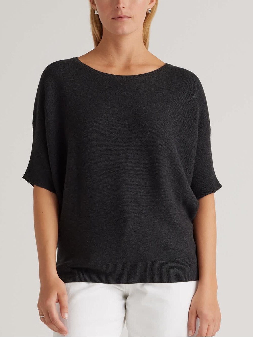 Quince Cotton Cashmere Link Stitch Dolman Sweater Heather Charcoal XS